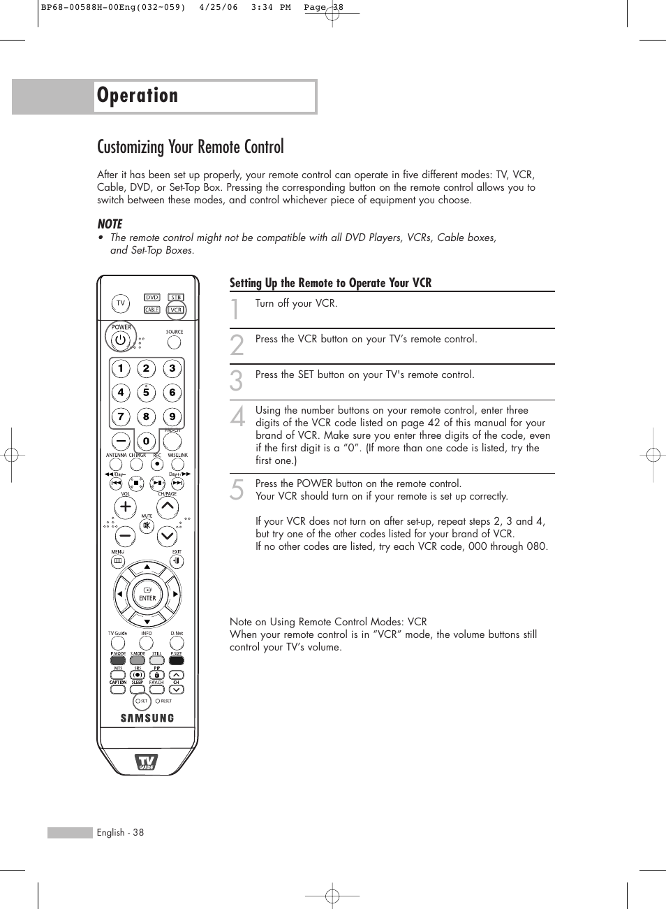 Customizing your remote control, Operation | Samsung HL-S6188W User Manual | Page 38 / 160