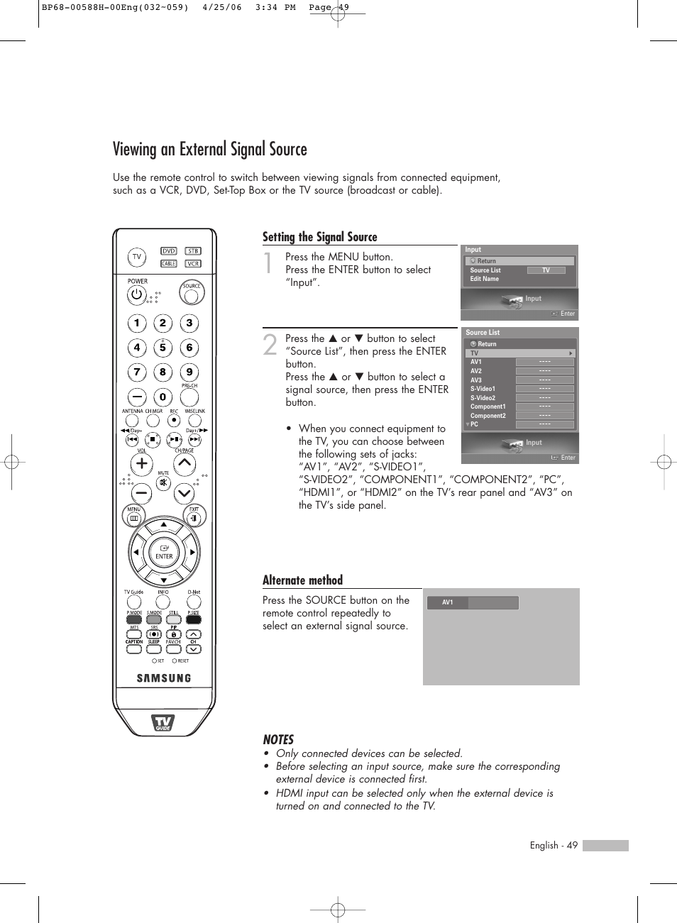 Viewing an external signal source, Setting the signal source, Alternate method | Samsung HL-S6188W User Manual | Page 49 / 160