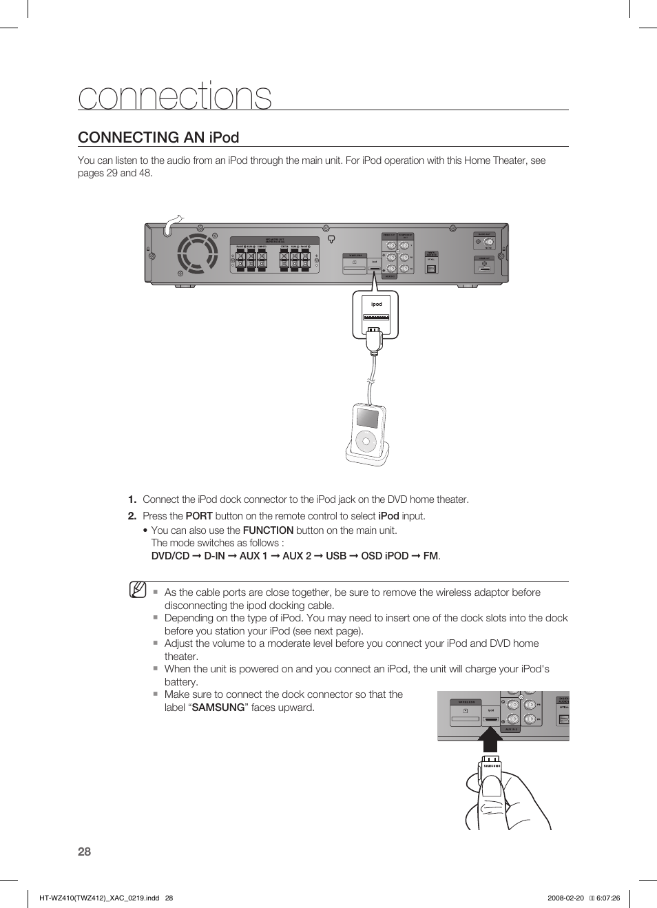 Conecting an ipod, Connections | Samsung HT-TWZ412T User Manual | Page 29 / 74