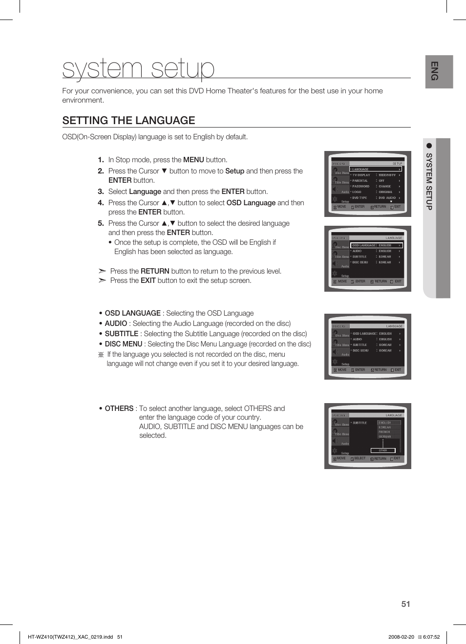 System setup, Seting the language, Seting tv screen type | Setting the language | Samsung HT-TWZ412T User Manual | Page 52 / 74