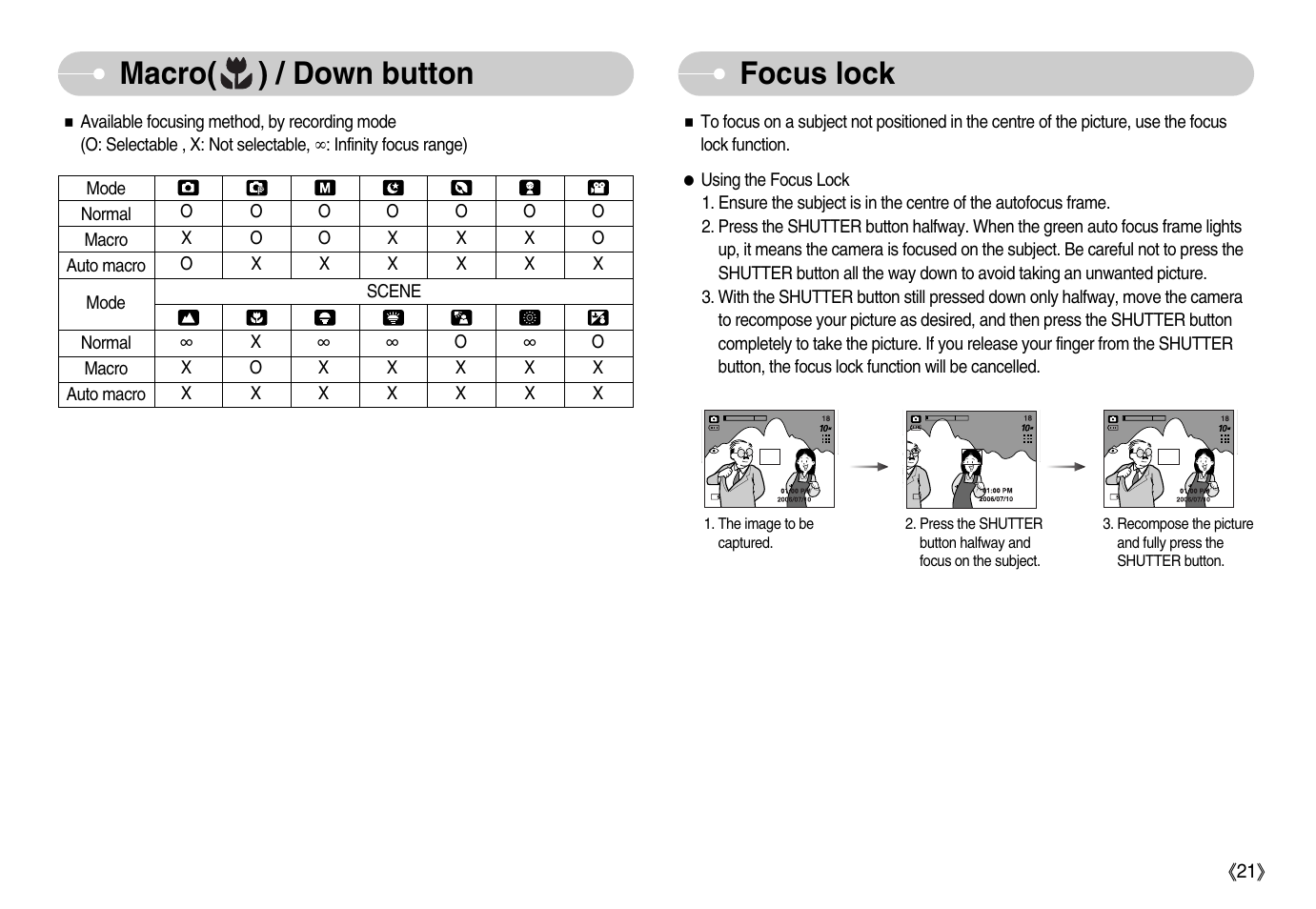 Focus lock macro( ) / down button | Samsung Digimax S1000 User Manual | Page 22 / 82