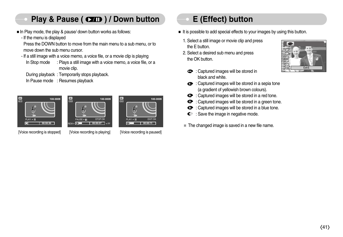 Play & pause ( ) / down button e (effect) button | Samsung Digimax S1000 User Manual | Page 42 / 82
