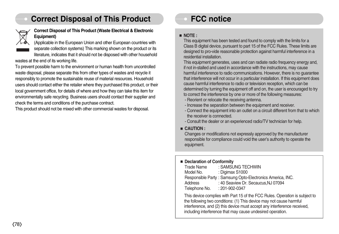 Correct disposal of this product fcc notice | Samsung Digimax S1000 User Manual | Page 79 / 82