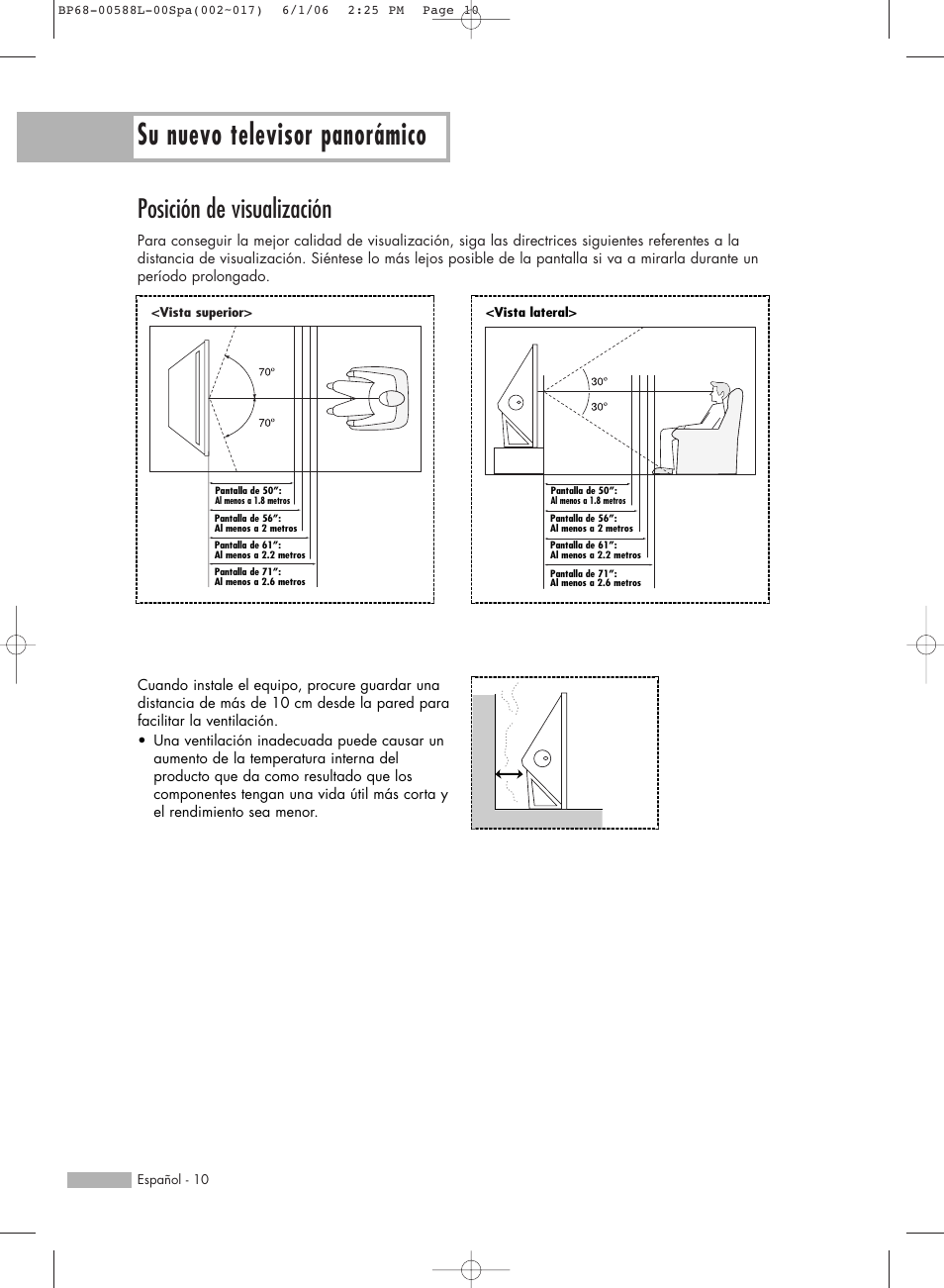 Su nuevo televisor panorámico, Posición de visualización | Samsung HL-S5088W User Manual | Page 10 / 164