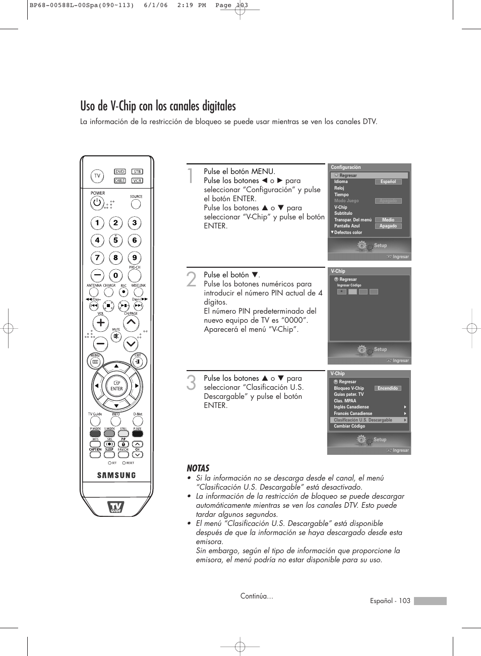 Uso de v-chip con los canales digitales, Notas | Samsung HL-S5088W User Manual | Page 103 / 164