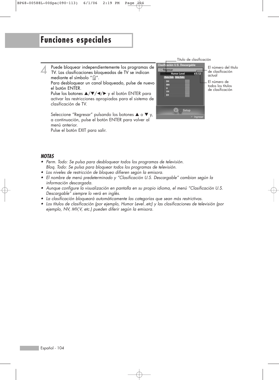 Funciones especiales, Notas | Samsung HL-S5088W User Manual | Page 104 / 164