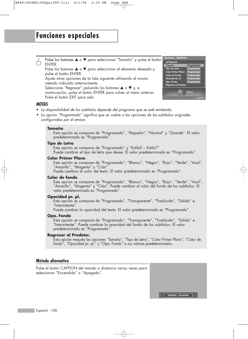 Funciones especiales, Notas, Método alternativo | Samsung HL-S5088W User Manual | Page 108 / 164