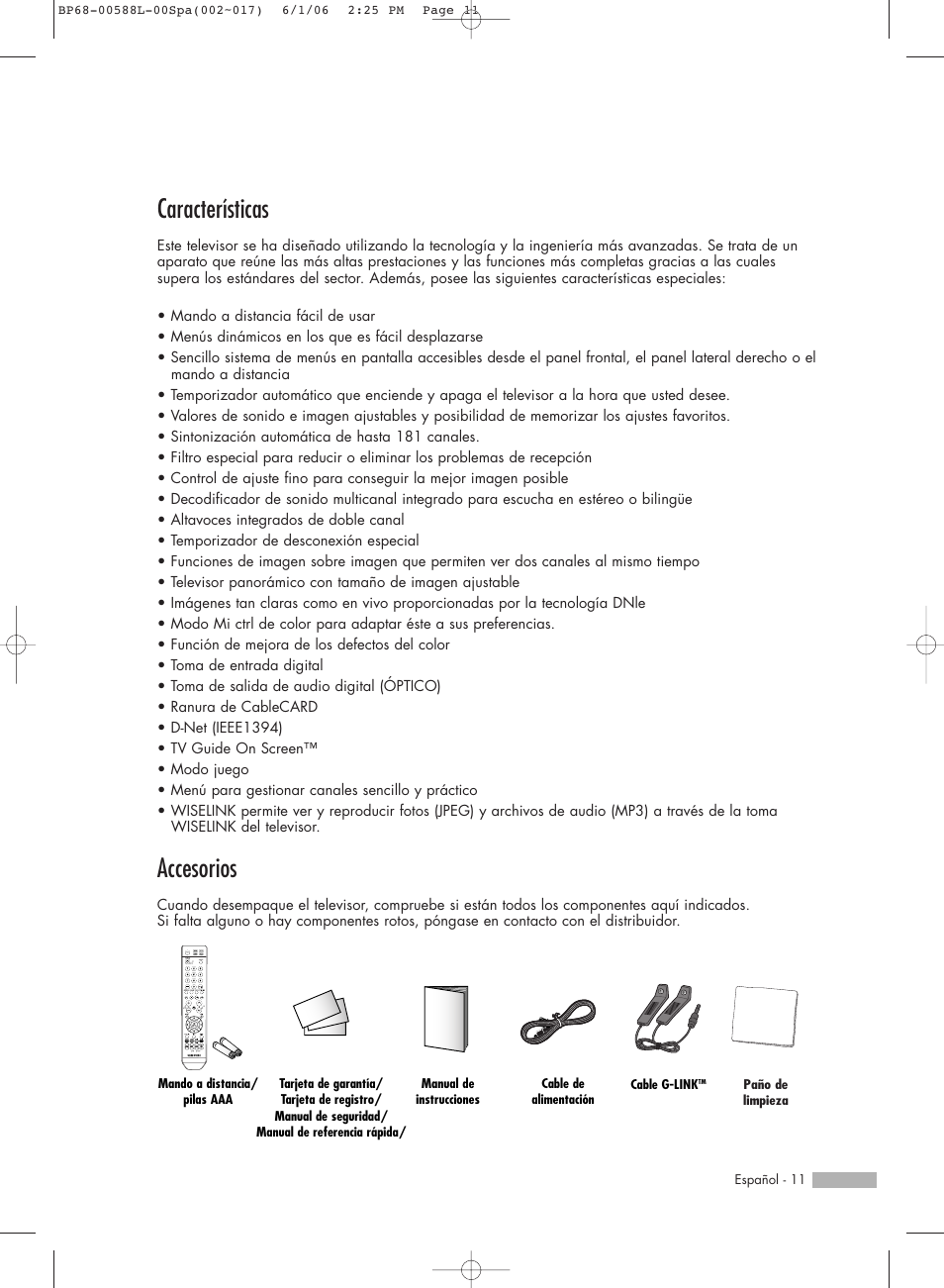 Características, Accesorios | Samsung HL-S5088W User Manual | Page 11 / 164
