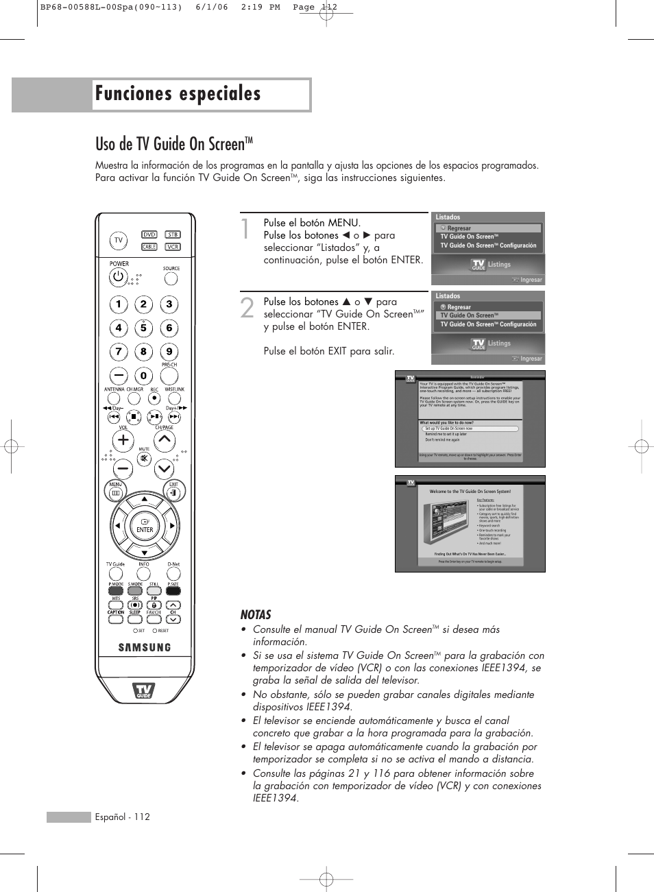 Funciones especiales, Uso de tv guide on screen, Notas | Samsung HL-S5088W User Manual | Page 112 / 164