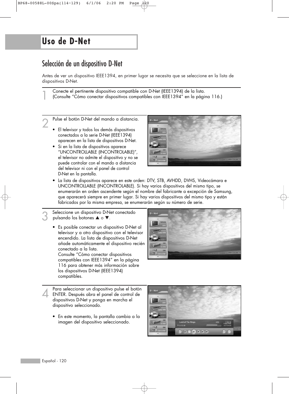 Uso de d-net, Selección de un dispositivo d-net | Samsung HL-S5088W User Manual | Page 120 / 164