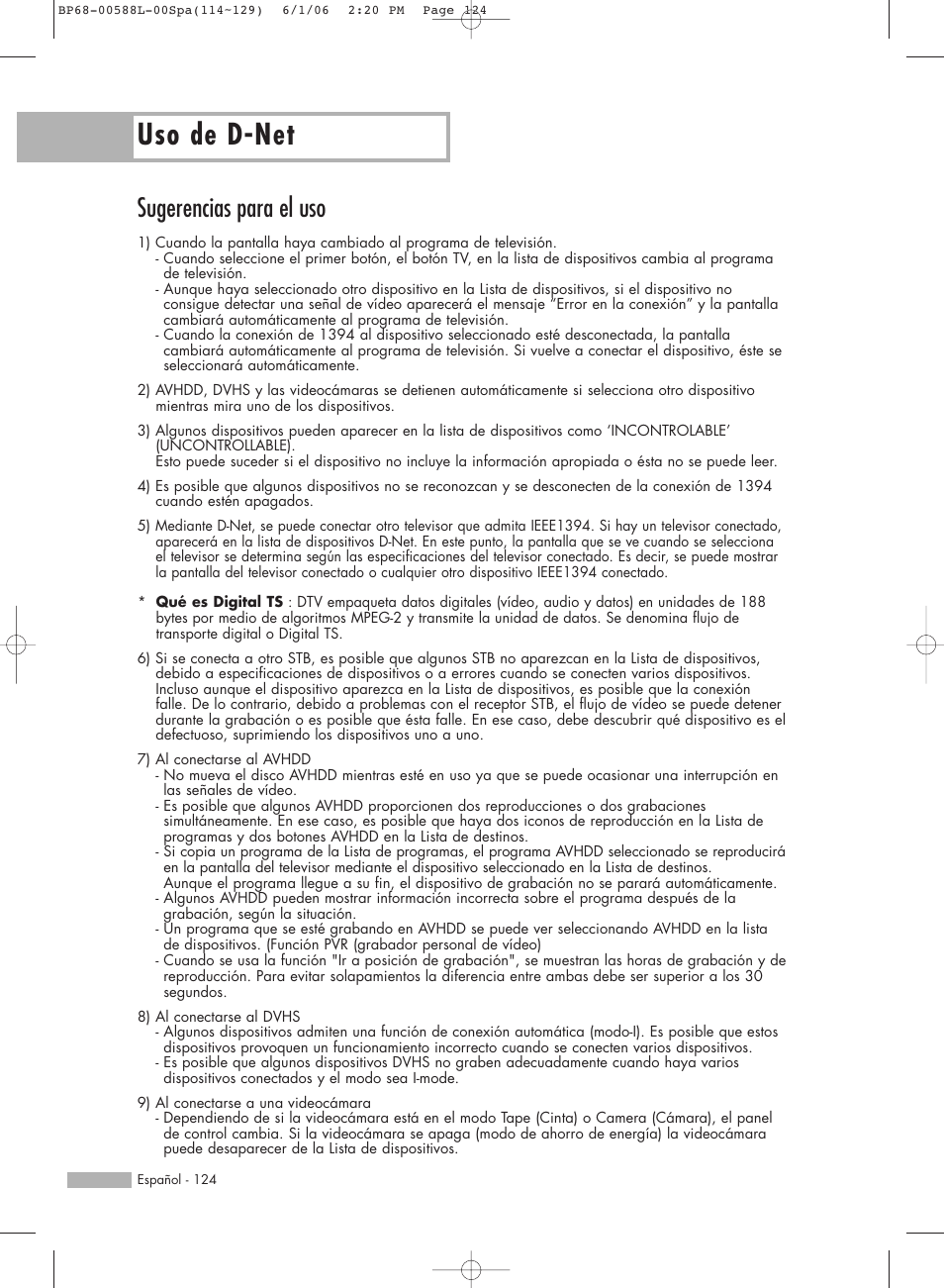 Uso de d-net, Sugerencias para el uso | Samsung HL-S5088W User Manual | Page 124 / 164