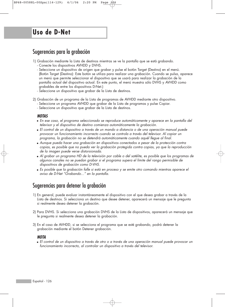 Uso de d-net, Sugerencias para la grabación, Sugerencias para detener la grabación | Samsung HL-S5088W User Manual | Page 126 / 164