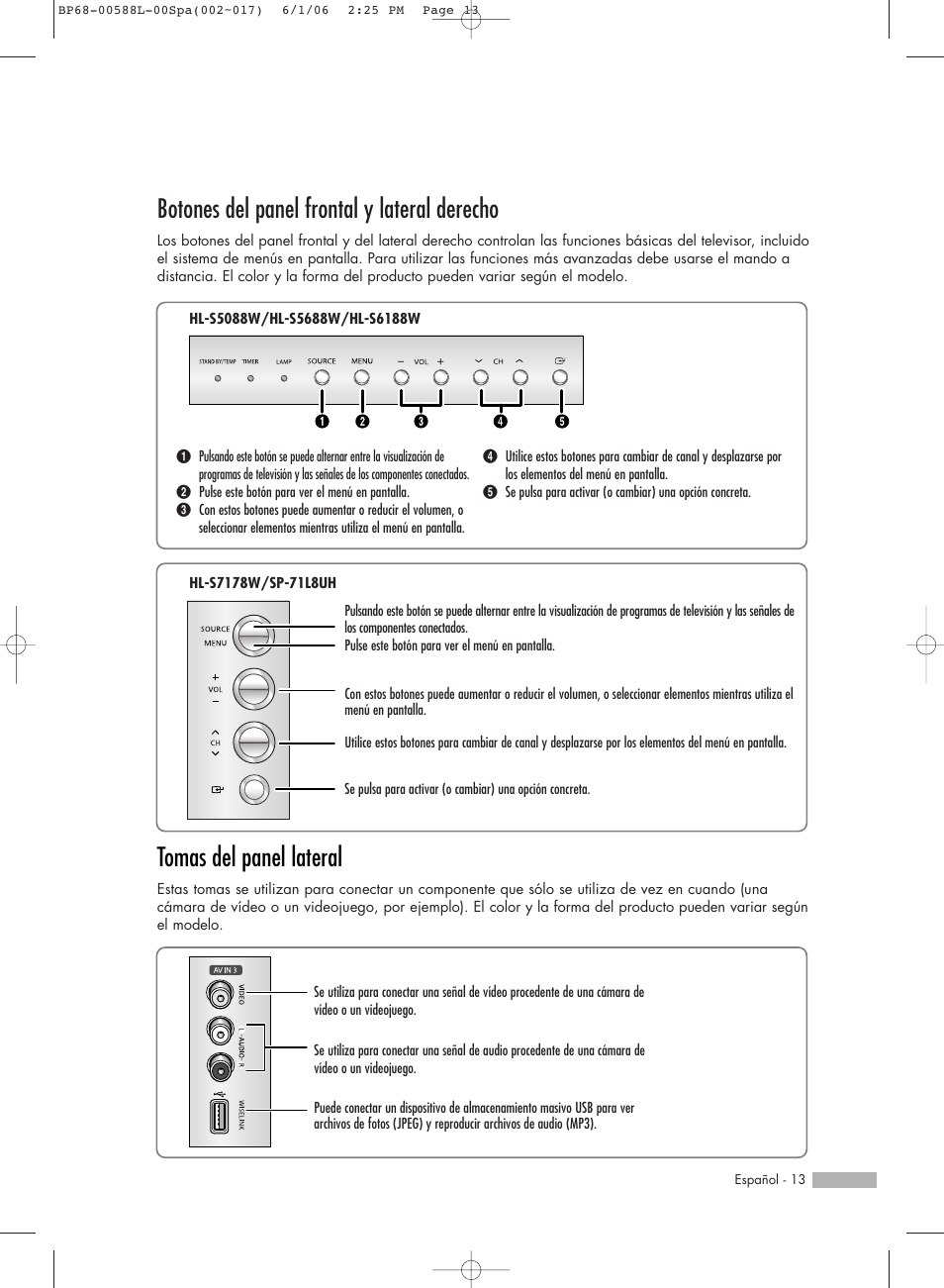 Tomas del panel lateral, Botones del panel frontal y lateral derecho | Samsung HL-S5088W User Manual | Page 13 / 164