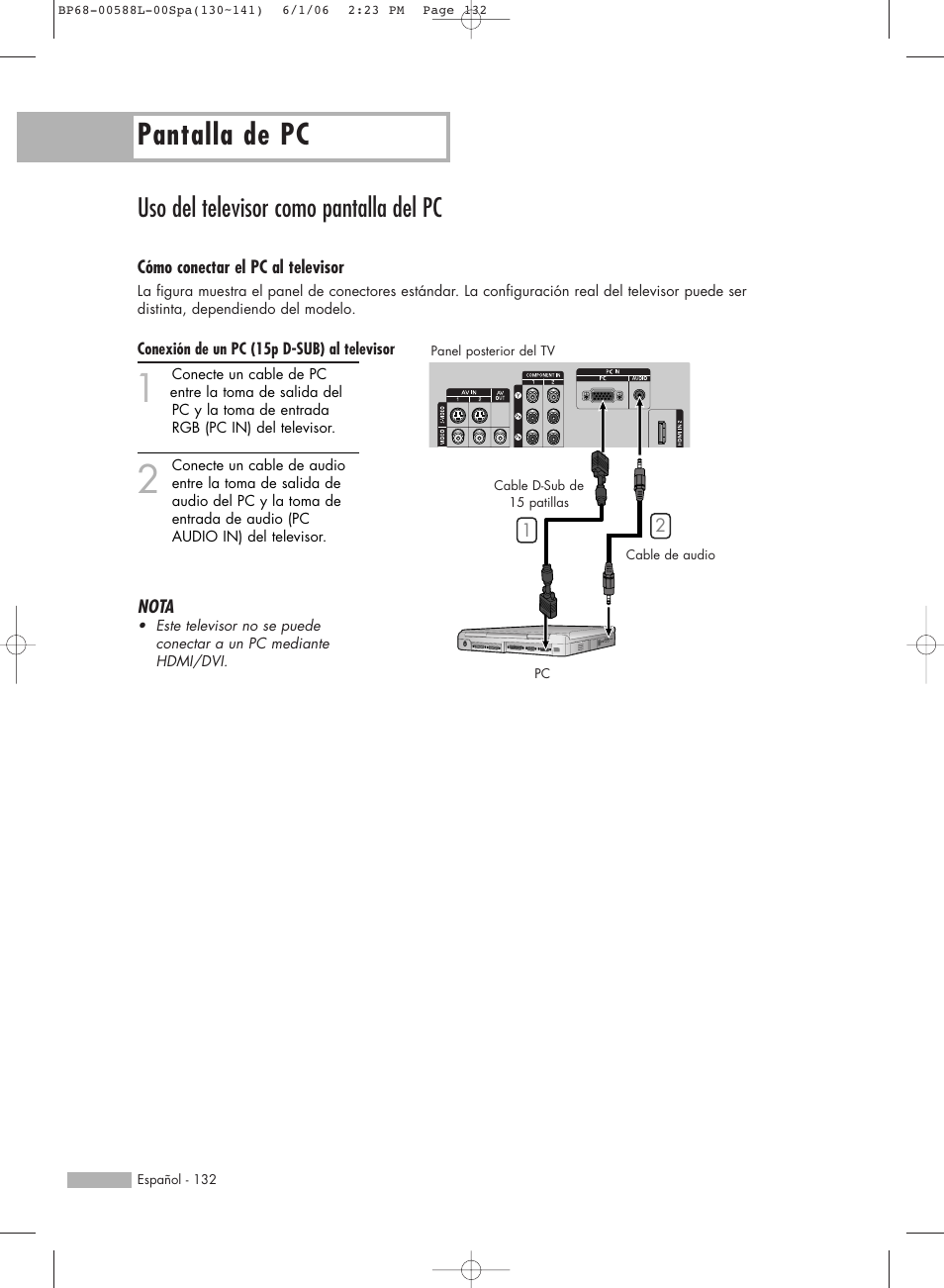 Pantalla de pc, Uso del televisor como pantalla del pc | Samsung HL-S5088W User Manual | Page 132 / 164