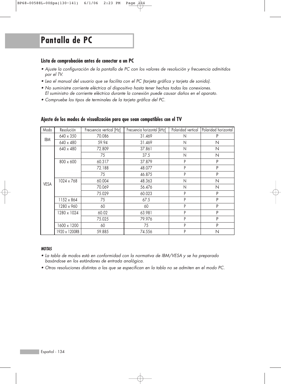 Pantalla de pc, Lista de comprobación antes de conectar a un pc | Samsung HL-S5088W User Manual | Page 134 / 164