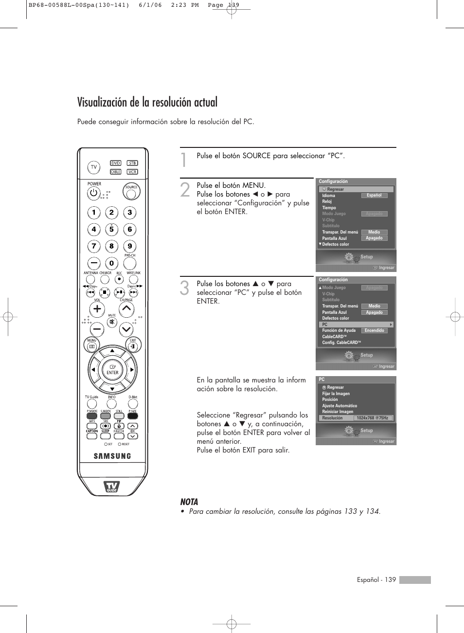 Visualización de la resolución actual, Nota | Samsung HL-S5088W User Manual | Page 139 / 164