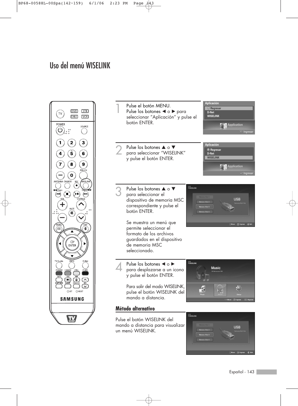Uso del menú wiselink, Método alternativo | Samsung HL-S5088W User Manual | Page 143 / 164