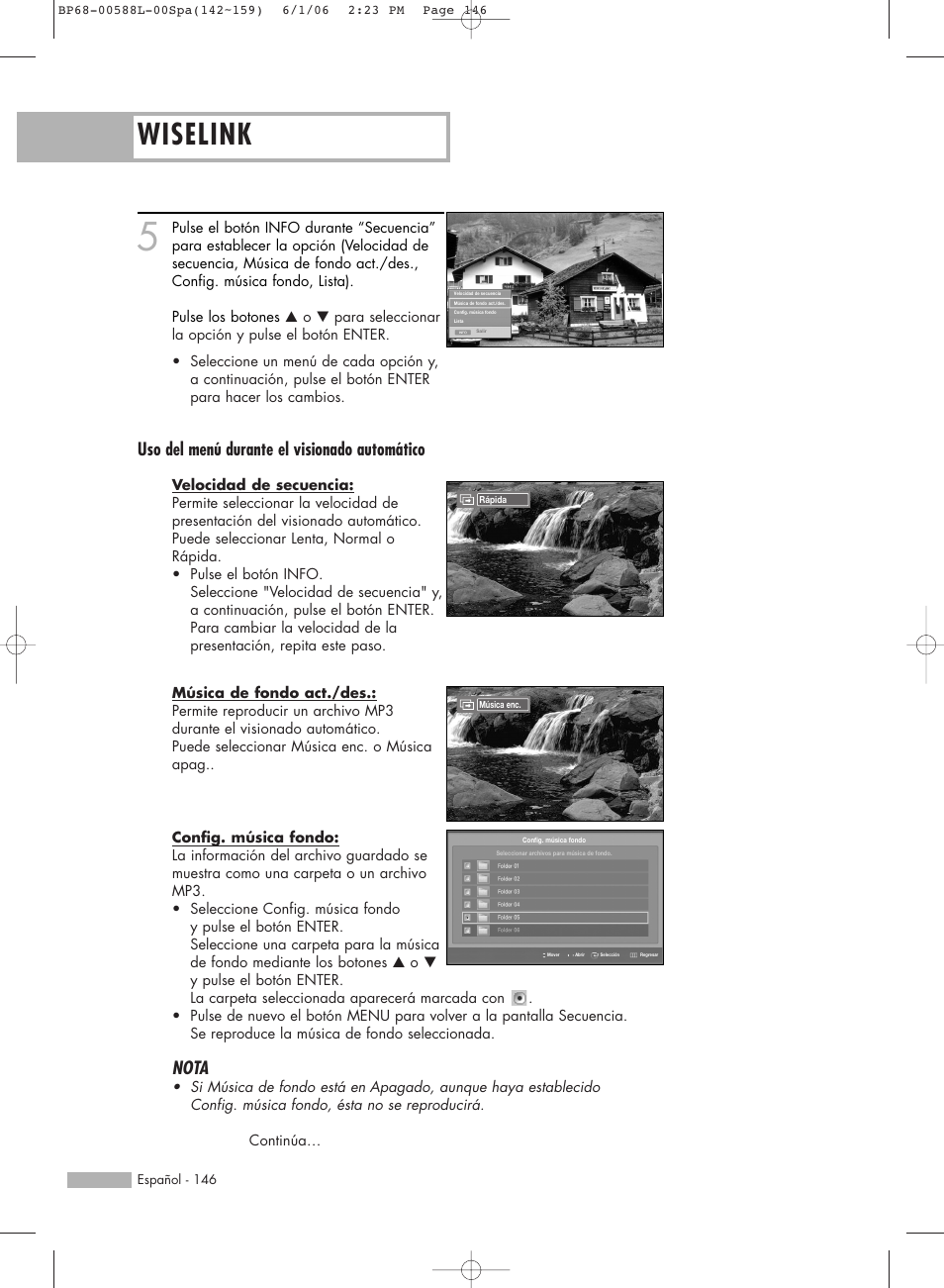 Wiselink, Uso del menú durante el visionado automático, Nota | Samsung HL-S5088W User Manual | Page 146 / 164
