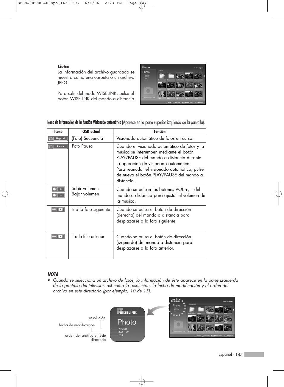 Photo, Nota | Samsung HL-S5088W User Manual | Page 147 / 164