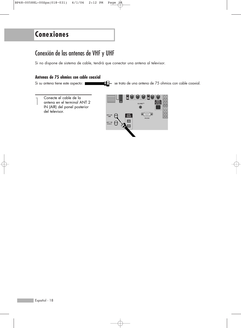 Conexiones, Conexión de las antenas de vhf y uhf | Samsung HL-S5088W User Manual | Page 18 / 164