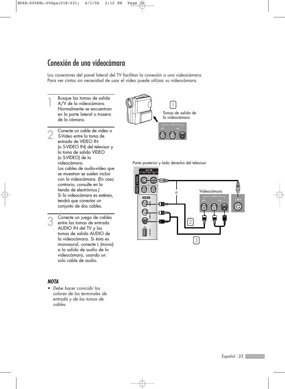 Conexión de una videocámara | Samsung HL-S5088W User Manual | Page 23 / 164