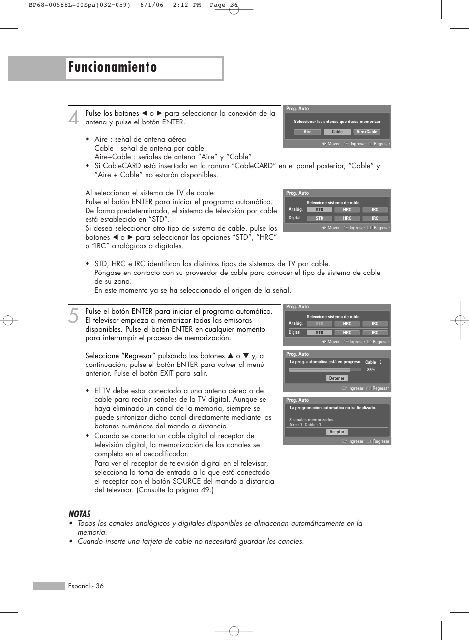 Funcionamiento, Notas | Samsung HL-S5088W User Manual | Page 36 / 164
