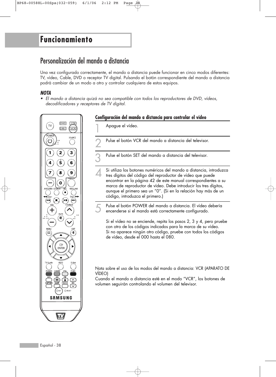 Funcionamiento, Personalización del mando a distancia | Samsung HL-S5088W User Manual | Page 38 / 164
