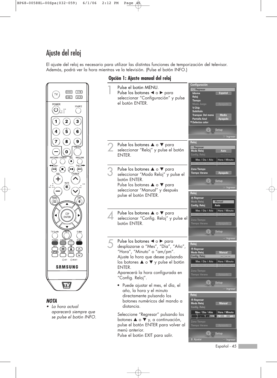 Ajuste del reloj, Opción 1: ajuste manual del reloj, Nota | Samsung HL-S5088W User Manual | Page 45 / 164