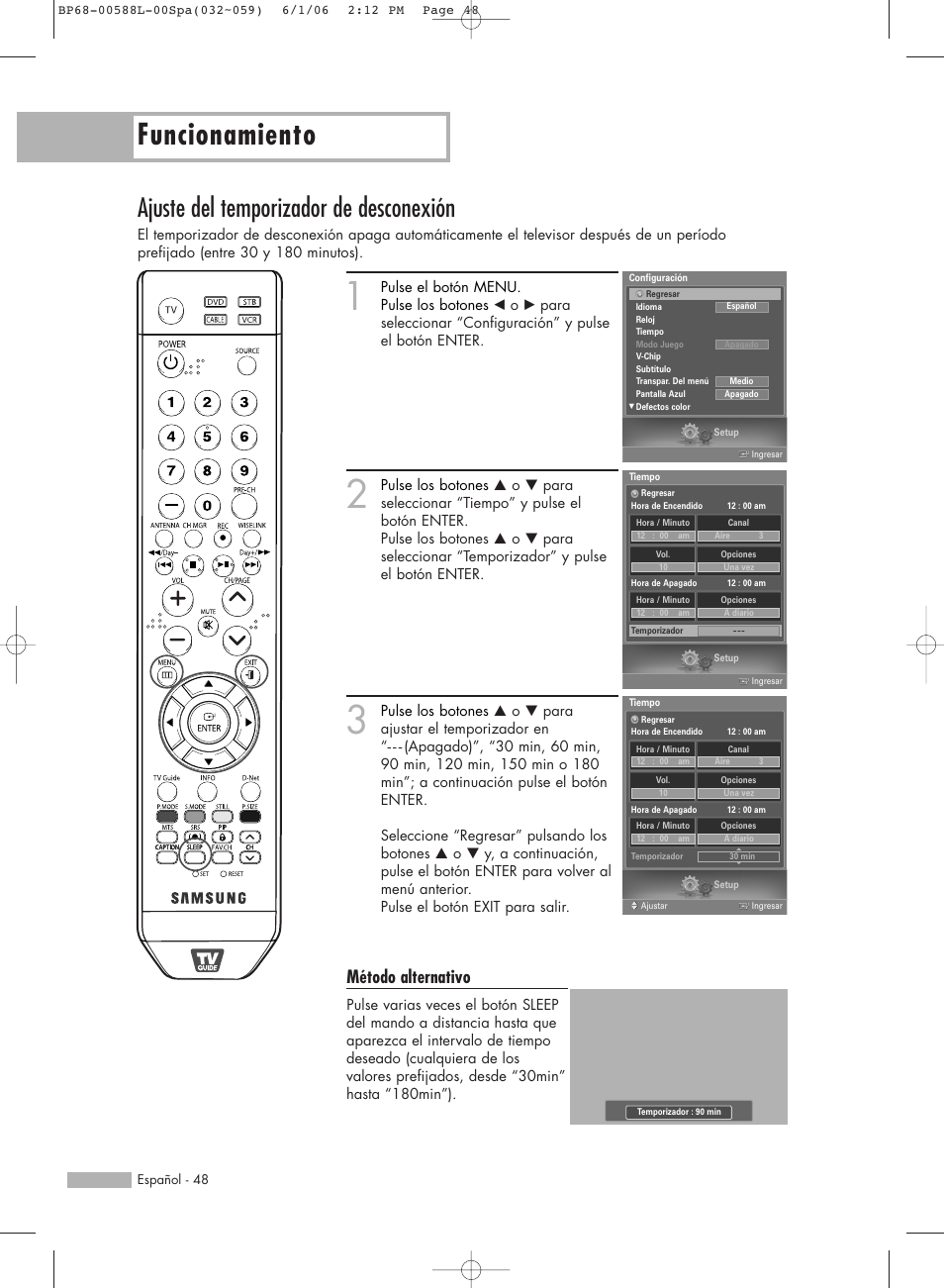 Funcionamiento, Ajuste del temporizador de desconexión, Método alternativo | Samsung HL-S5088W User Manual | Page 48 / 164