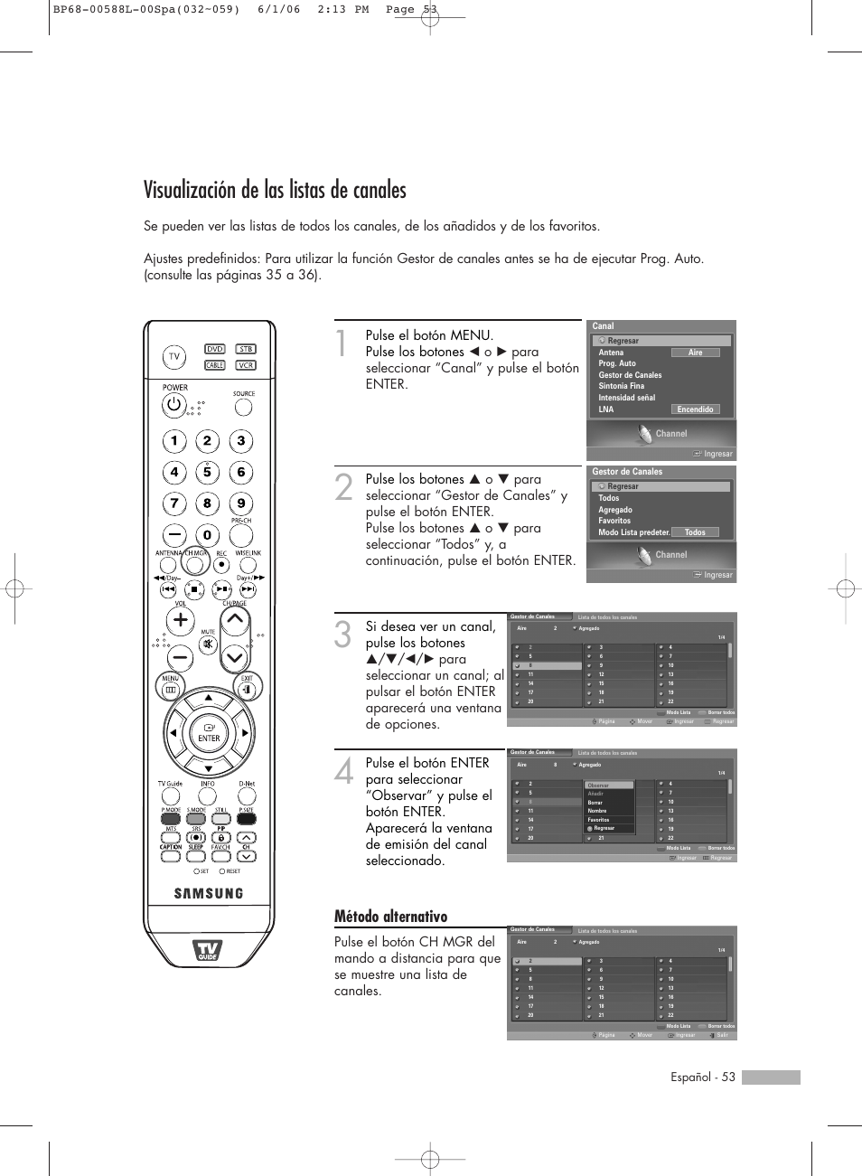 Visualización de las listas de canales, Método alternativo, Español - 53 | Samsung HL-S5088W User Manual | Page 53 / 164