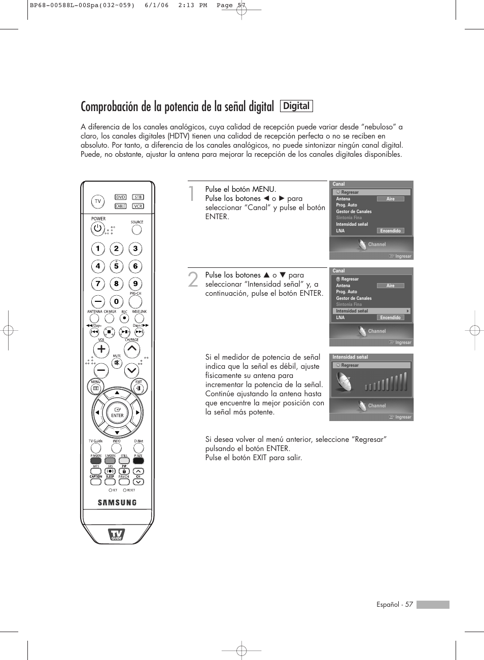Comprobación de la potencia de la señal digital, Digital | Samsung HL-S5088W User Manual | Page 57 / 164