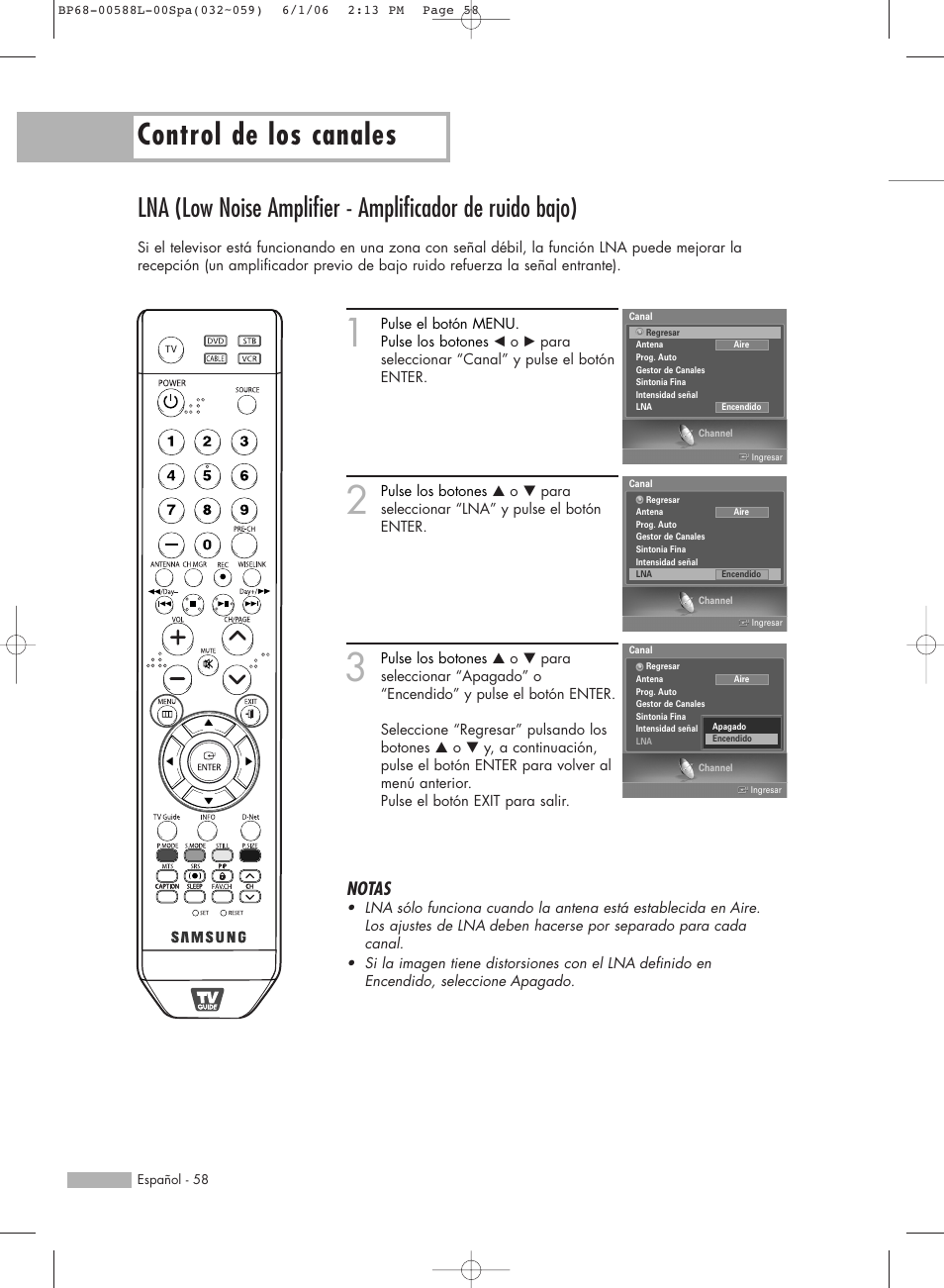 Control de los canales, Notas | Samsung HL-S5088W User Manual | Page 58 / 164