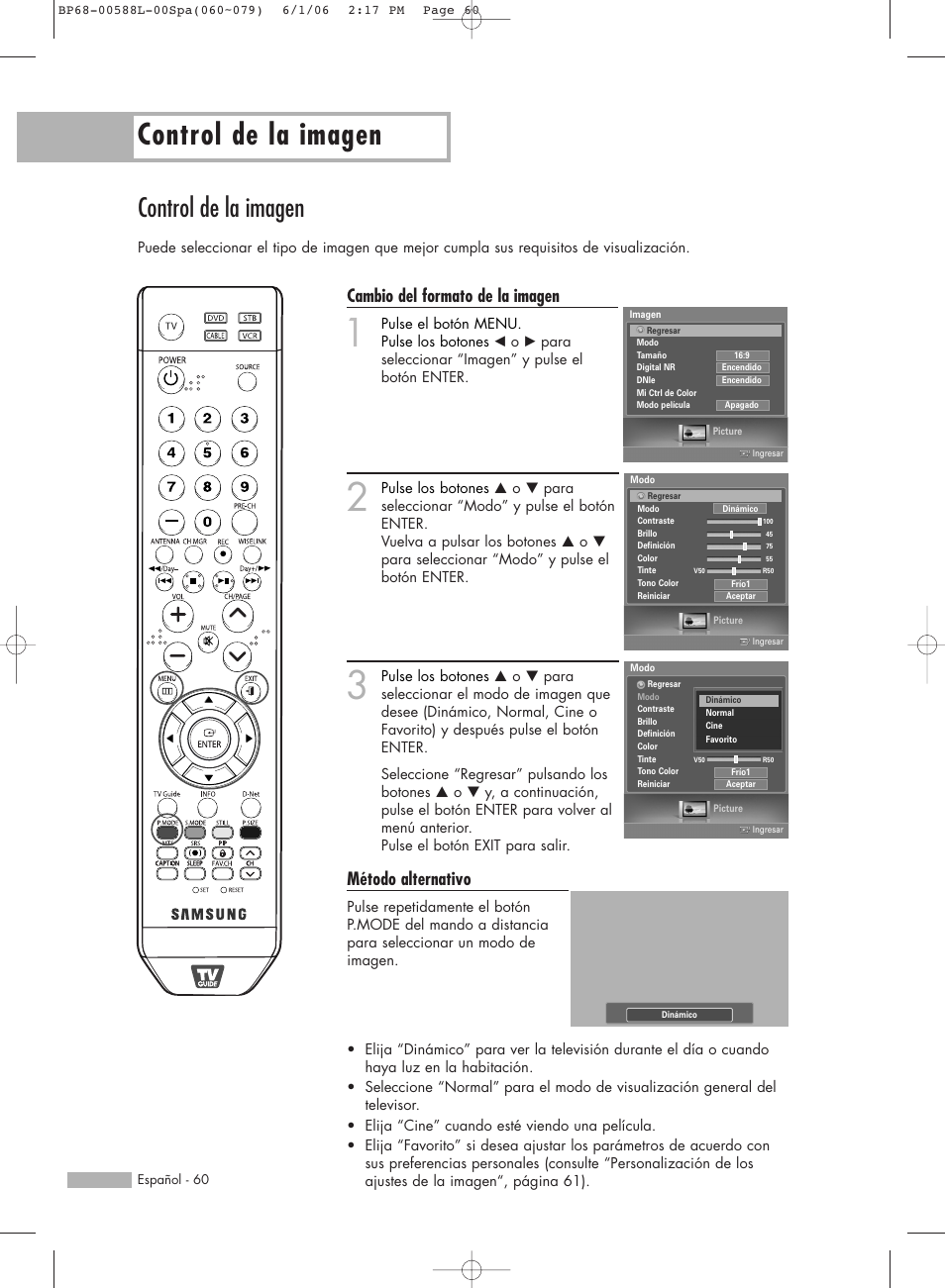 Control de la imagen, Cambio del formato de la imagen, Método alternativo | Samsung HL-S5088W User Manual | Page 60 / 164