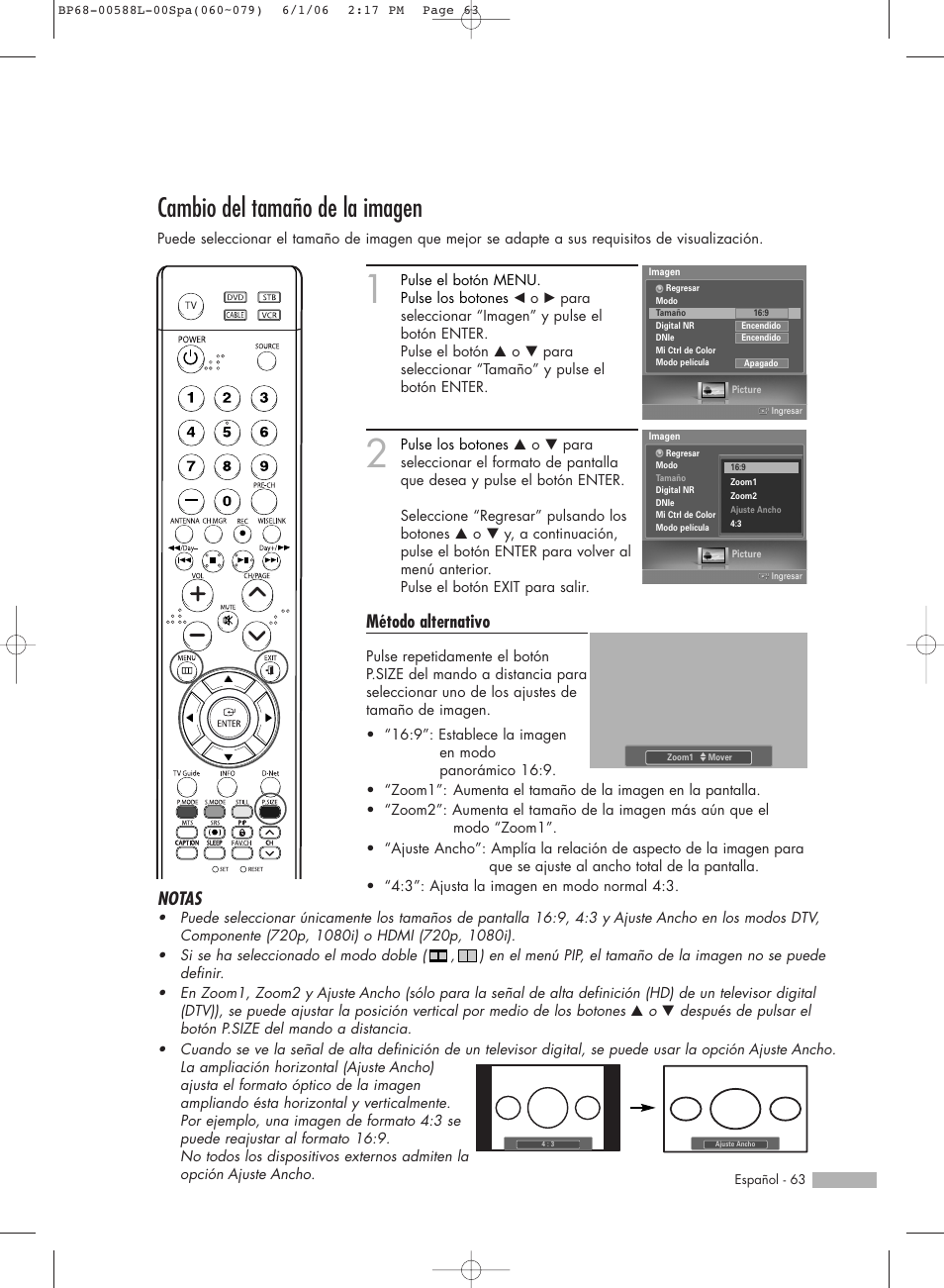 Cambio del tamaño de la imagen, Método alternativo, Notas | Samsung HL-S5088W User Manual | Page 63 / 164