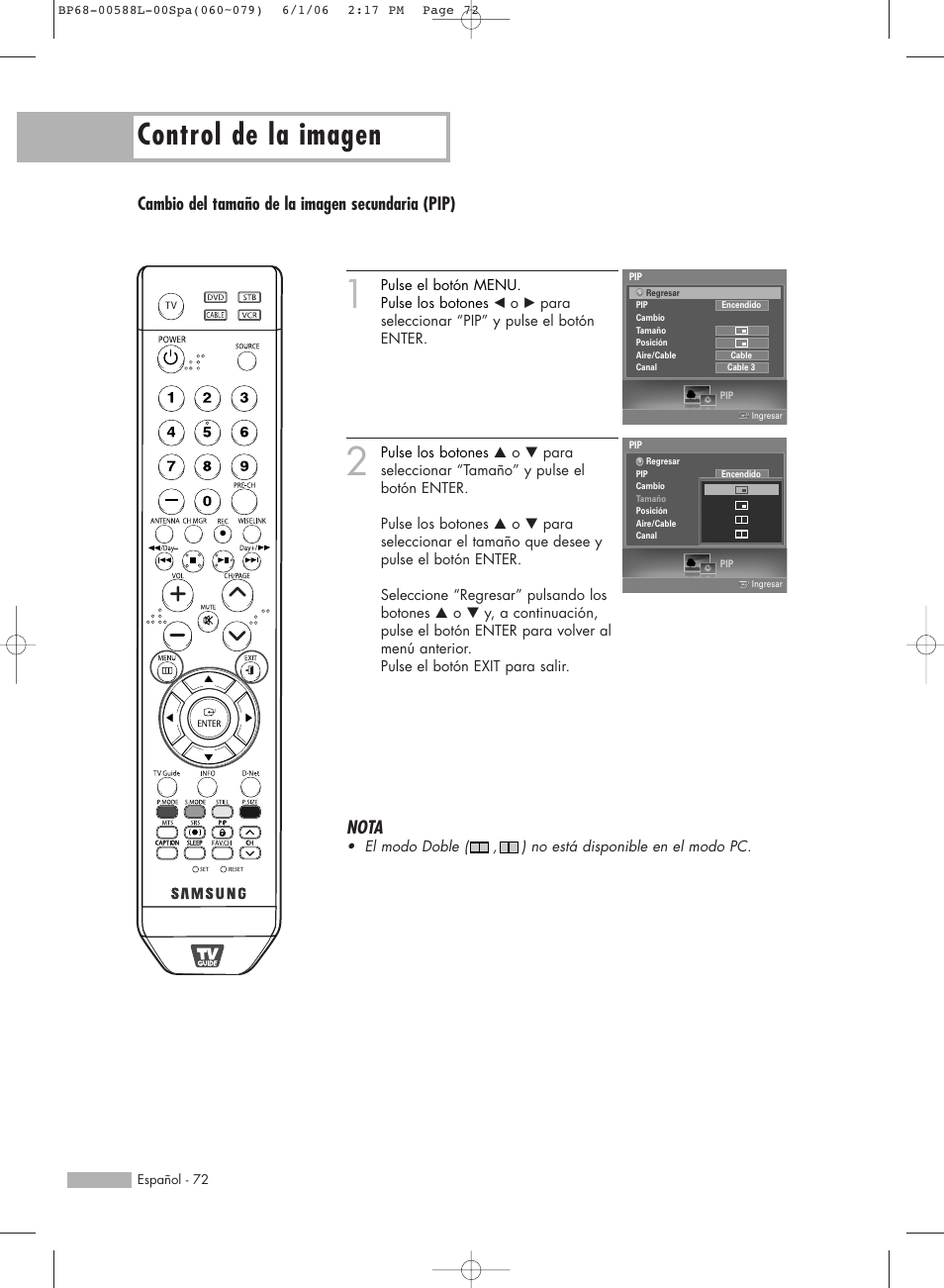 Control de la imagen, Cambio del tamaño de la imagen secundaria (pip), Nota | Samsung HL-S5088W User Manual | Page 72 / 164