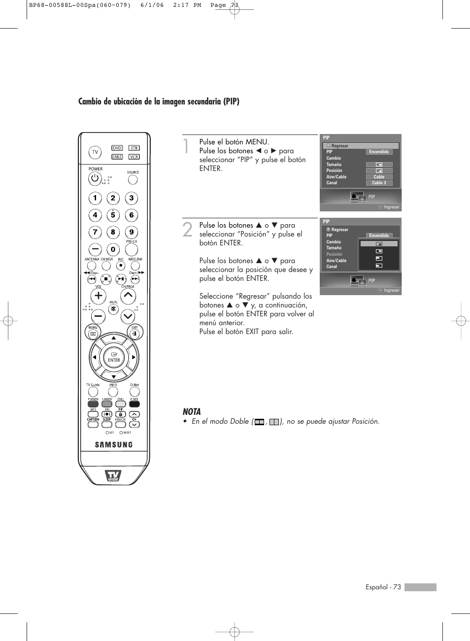 Cambio de ubicación de la imagen secundaria (pip), Nota | Samsung HL-S5088W User Manual | Page 73 / 164