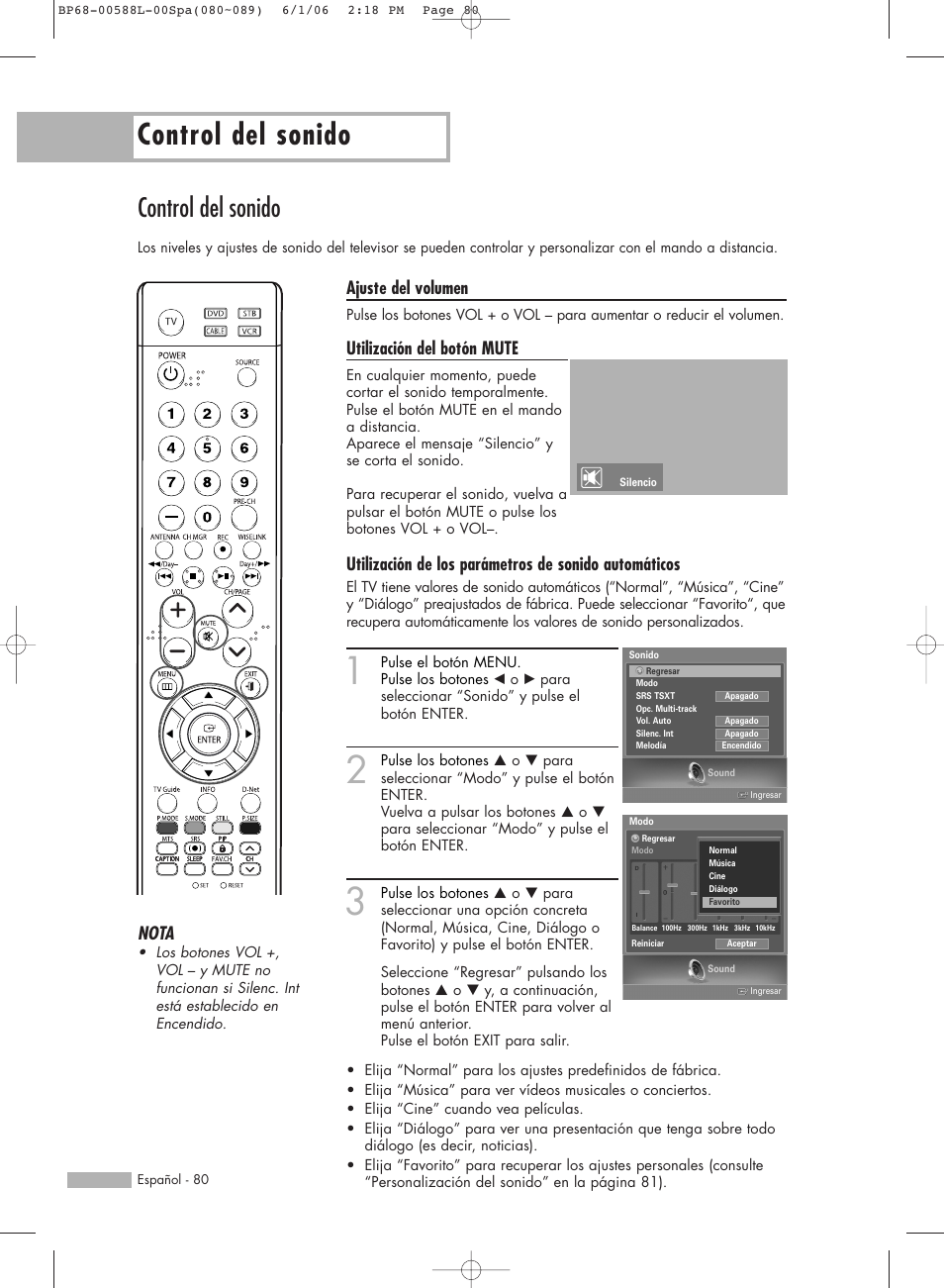 Control del sonido, Ajuste del volumen, Utilización del botón mute | Nota | Samsung HL-S5088W User Manual | Page 80 / 164