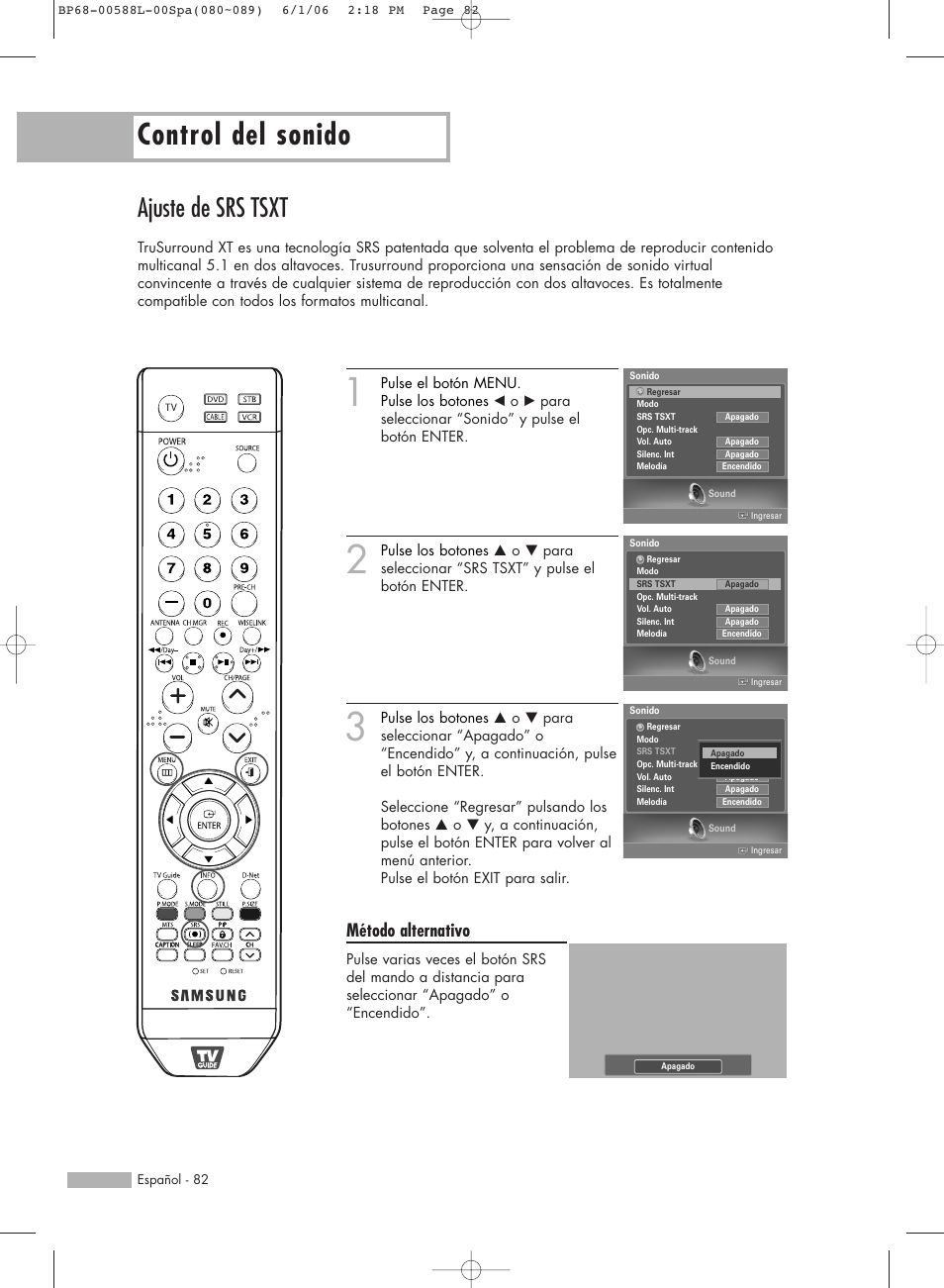 Control del sonido, Ajuste de srs tsxt, Método alternativo | Samsung HL-S5088W User Manual | Page 82 / 164