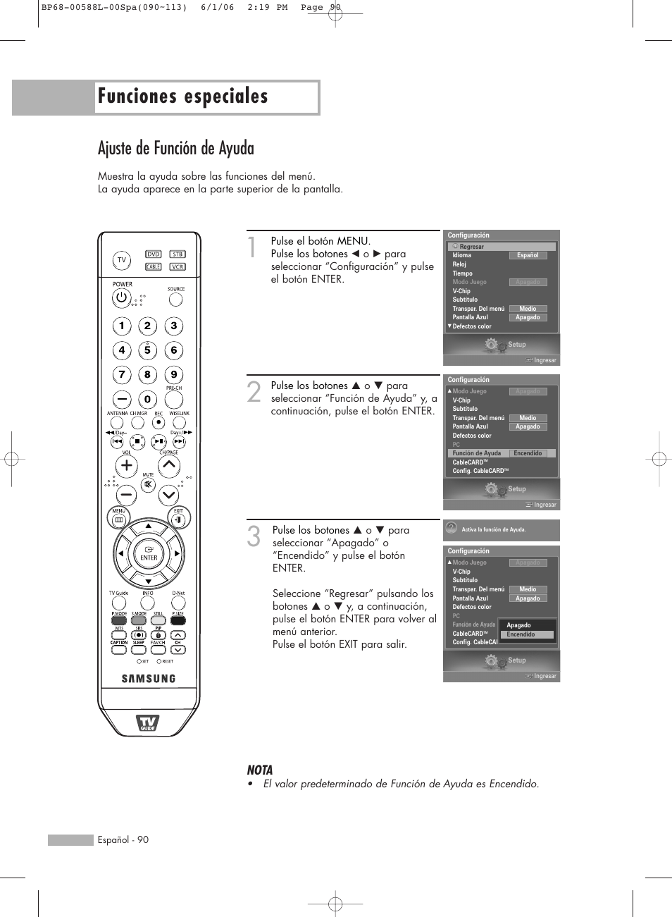 Funciones especiales, Ajuste de función de ayuda, Nota | Samsung HL-S5088W User Manual | Page 90 / 164