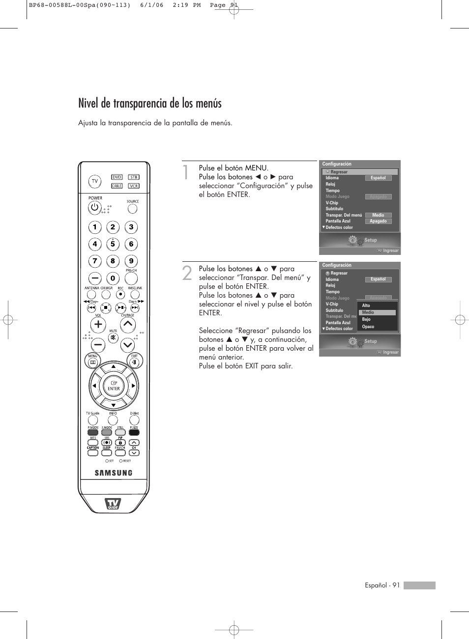 Nivel de transparencia de los menús | Samsung HL-S5088W User Manual | Page 91 / 164