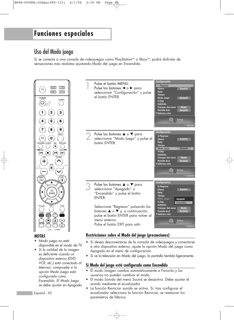 Funciones especiales, Uso del modo juego, Si modo del juego está configurado como encendido | Notas | Samsung HL-S5088W User Manual | Page 92 / 164
