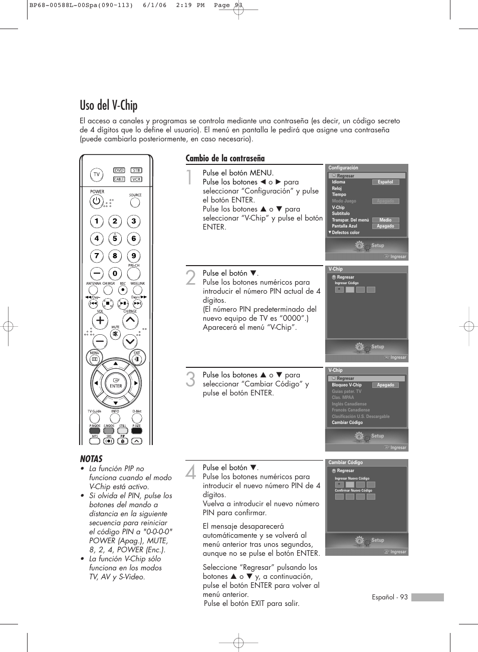 Uso del v-chip, Cambio de la contraseña, Notas | Samsung HL-S5088W User Manual | Page 93 / 164