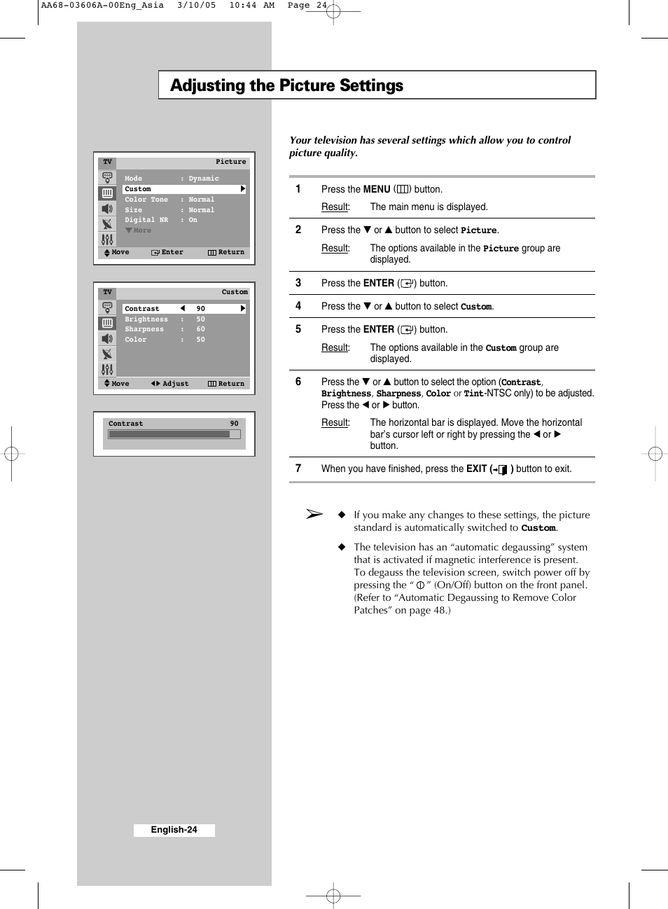 Adjusting the picture settings | Samsung WS32A11 User Manual | Page 24 / 52