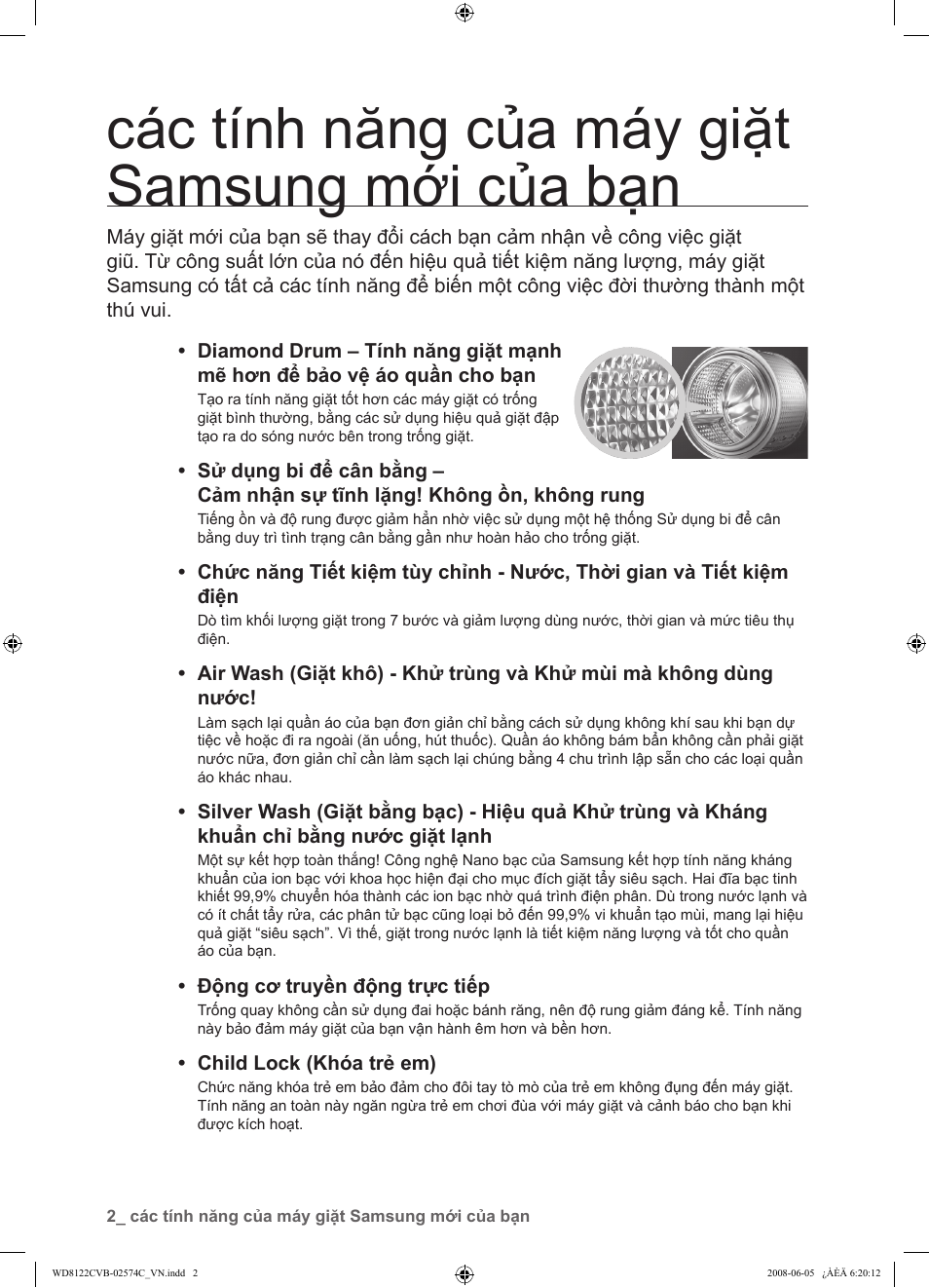 Các tính năng của máy giặt samsung mới của bạn | Samsung WD8122CVD User Manual | Page 110 / 144