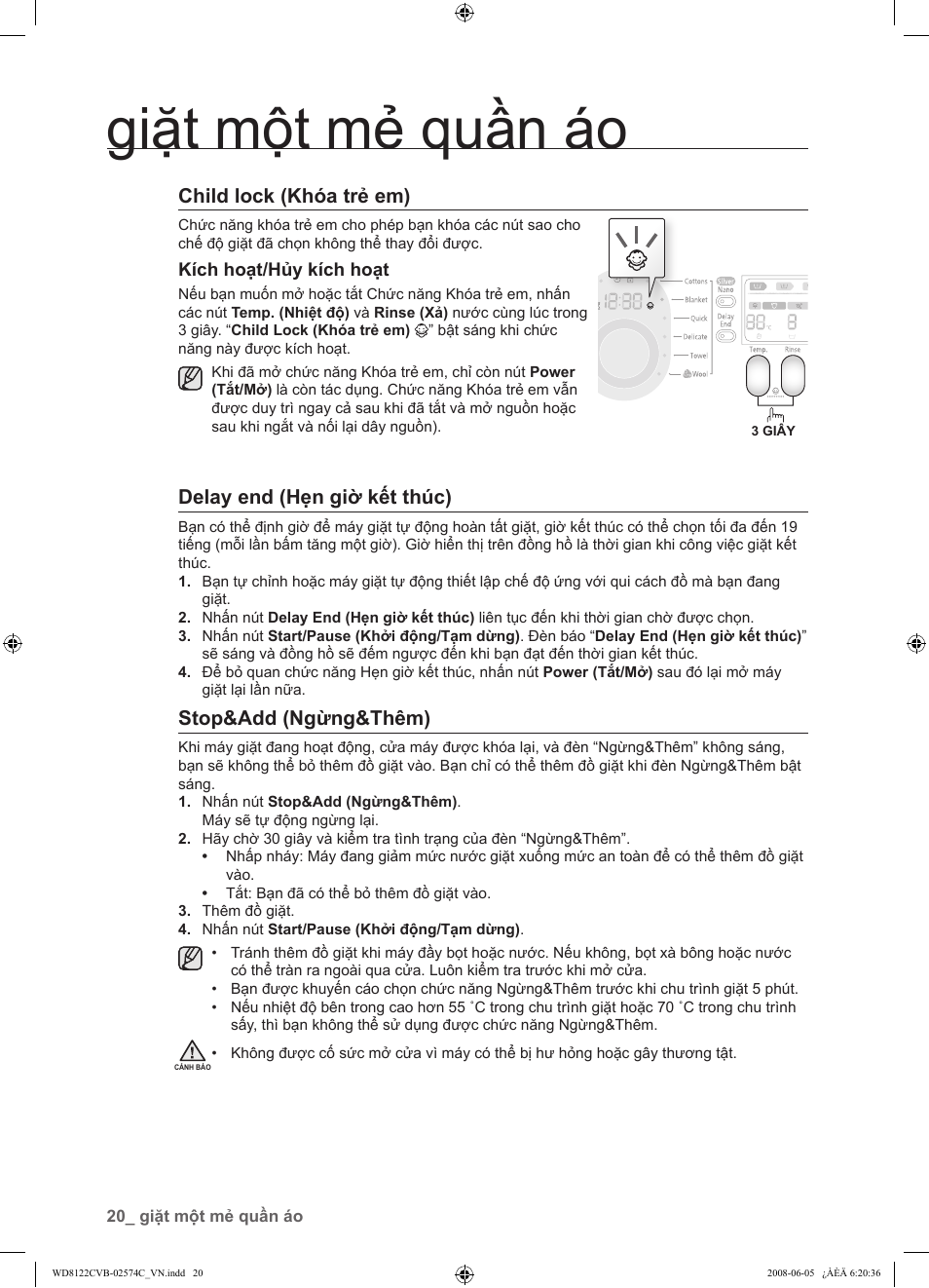Child lock (khóa trẻ em), Delay end (hẹn giờ kết thúc), Stop&add (ngừng&thêm) | Giặt một mẻ quần áo | Samsung WD8122CVD User Manual | Page 128 / 144