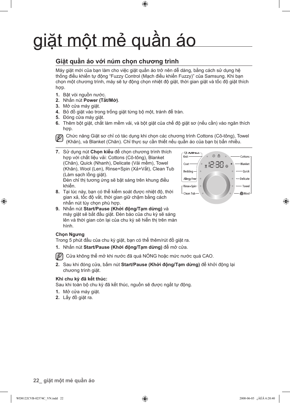 Giặt quần áo với núm chọn chương trình, Giặt một mẻ quần áo | Samsung WD8122CVD User Manual | Page 130 / 144