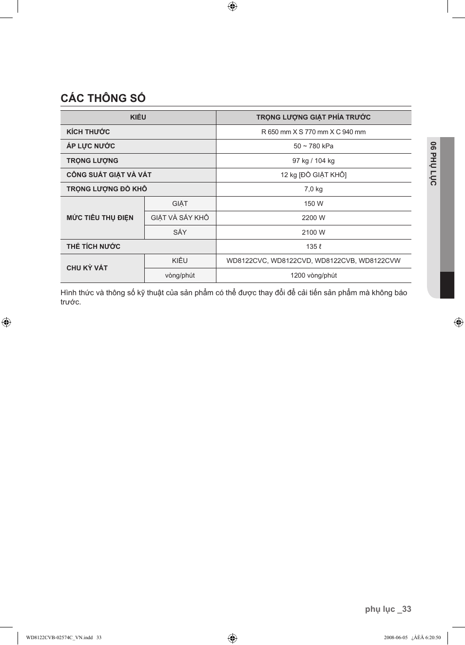 Các thông số, 33 các thông số, Phụ lục _33 | Samsung WD8122CVD User Manual | Page 141 / 144