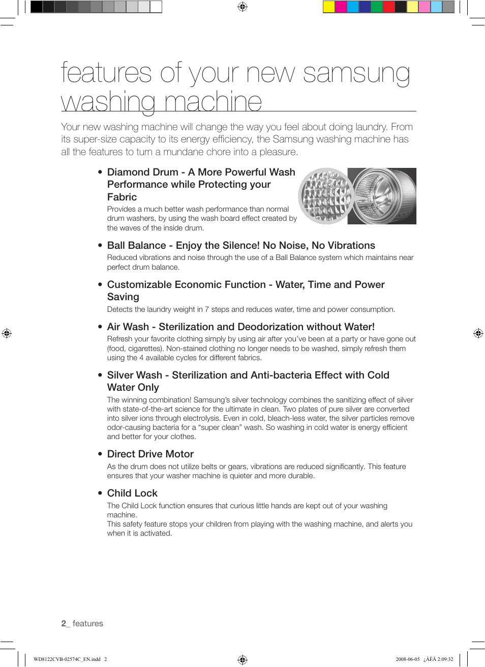 Features of your new samsung washing machine | Samsung WD8122CVD User Manual | Page 2 / 144