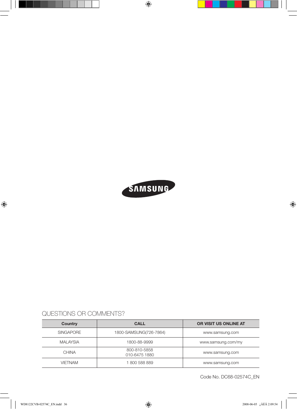 Questions or comments | Samsung WD8122CVD User Manual | Page 36 / 144