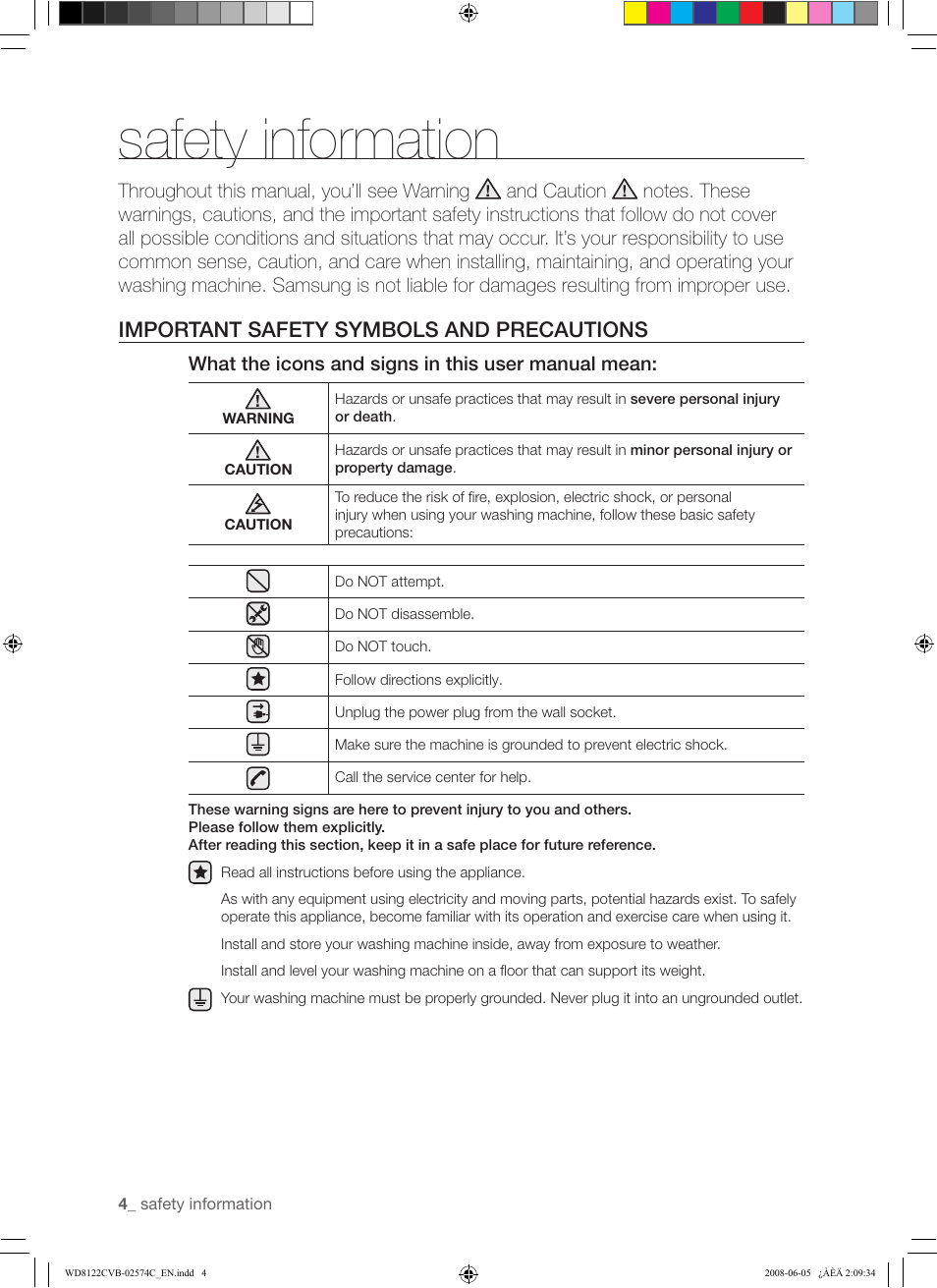 Safety information, Important safety symbols and precautions | Samsung WD8122CVD User Manual | Page 4 / 144